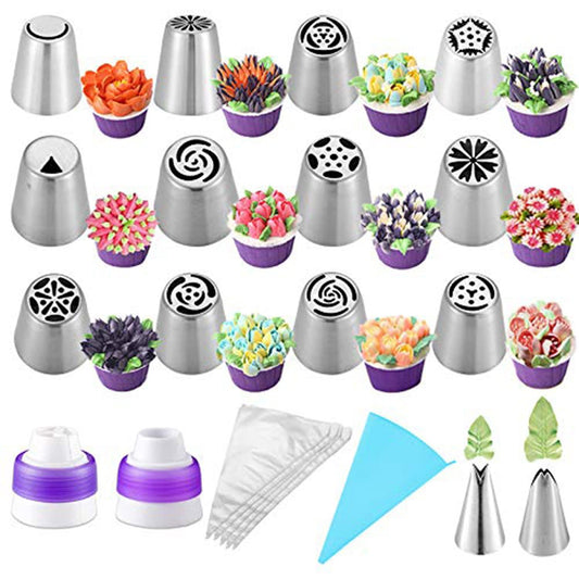 Suuker 27 Pcs Russian Piping Tips Set, Cake Decorating Tips Baking Supplies for Cupcake Cookies Birthday Party (12 Icing Tips 10 Pastry Baking Bags 2 Leaf Piping Tips 2 Couplers 1 Silicone Bag) - CookCave