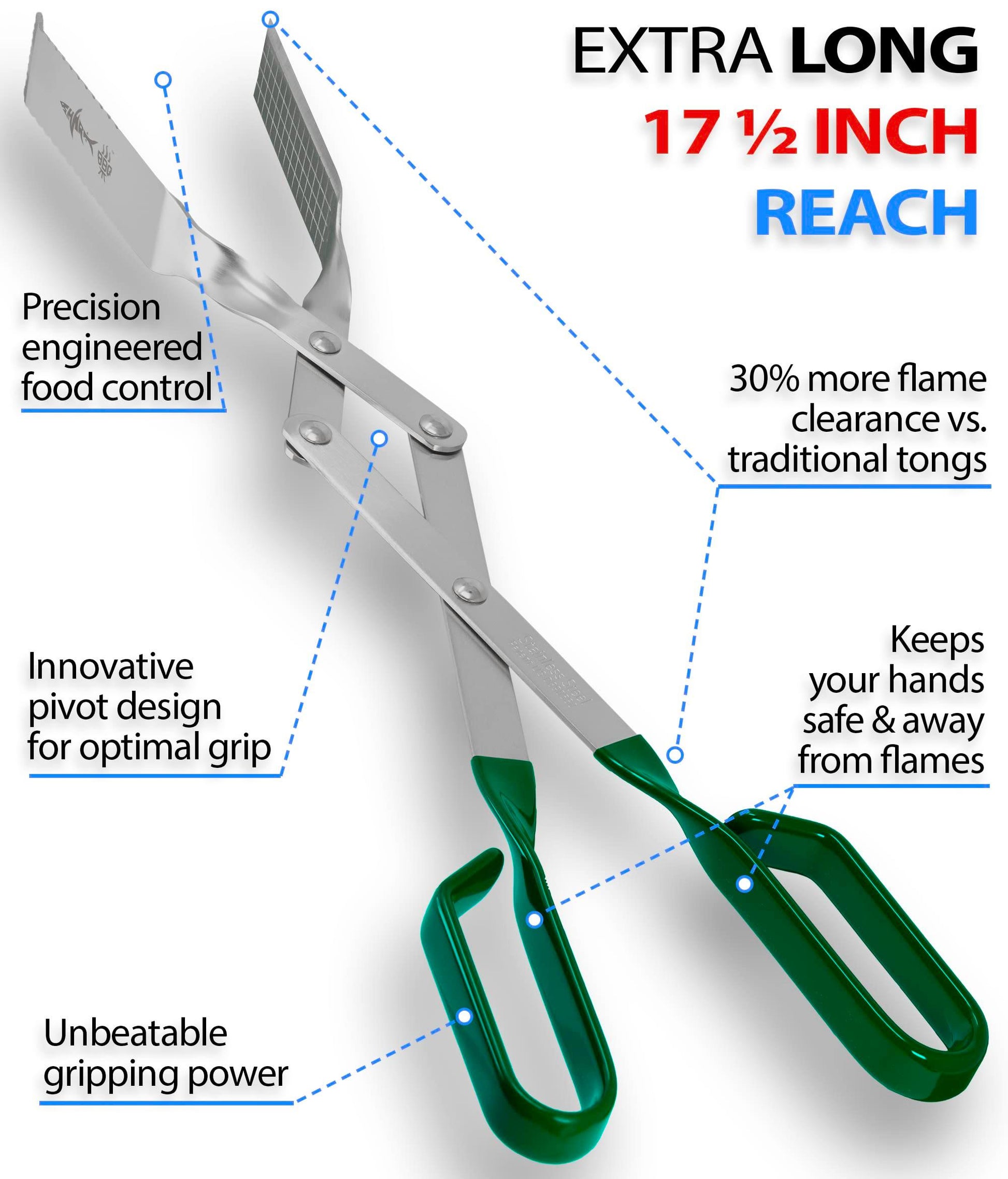 Shark BBQ - Barbecue Tongs: Extra long reach grilling accessory. Best cooking tool for indoor & outdoor kitchen. Seafood & crab tongs. Ideal for charcoal, gas grills & smoker. Gift for fathers (Green) - CookCave