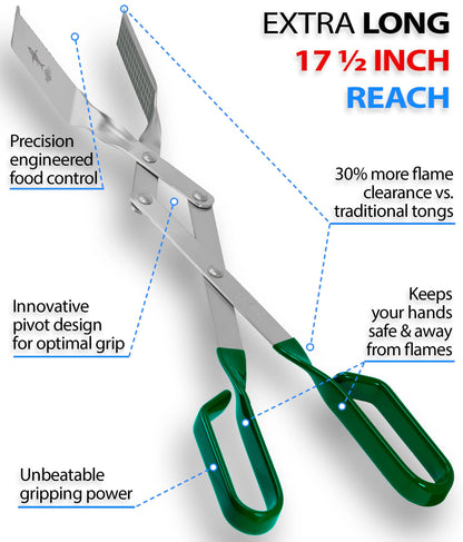 Shark BBQ - Barbecue Tongs: Extra long reach grilling accessory. Best cooking tool for indoor & outdoor kitchen. Seafood & crab tongs. Ideal for charcoal, gas grills & smoker. Gift for fathers (Green) - CookCave