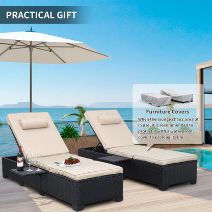 WAROOM Outdoor PE Wicker Chaise Lounge Chairs Set of 2 Patio Black Rattan Reclining Chair Adjustable Backrest Pool Sunbathing Recliners with Furniture Cover, Khaki - CookCave