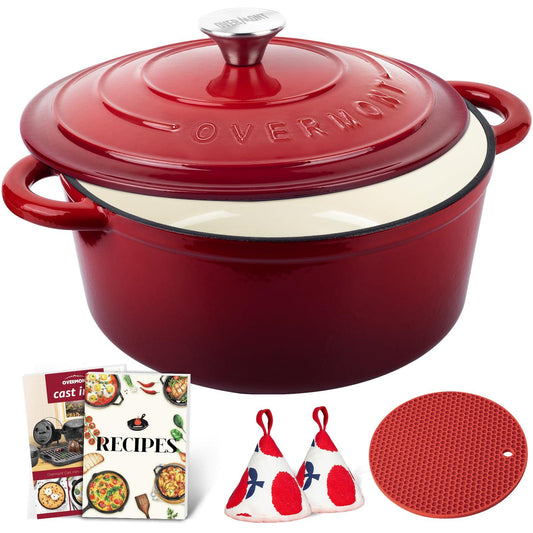 Overmont Enameled Cast Iron Dutch Oven - 5.5QT Pot with Lid Cookbook & Cotton Heat-resistant Caps - Heavy-Duty Cookware for Braising, Stews, Roasting, Bread Baking Red - CookCave