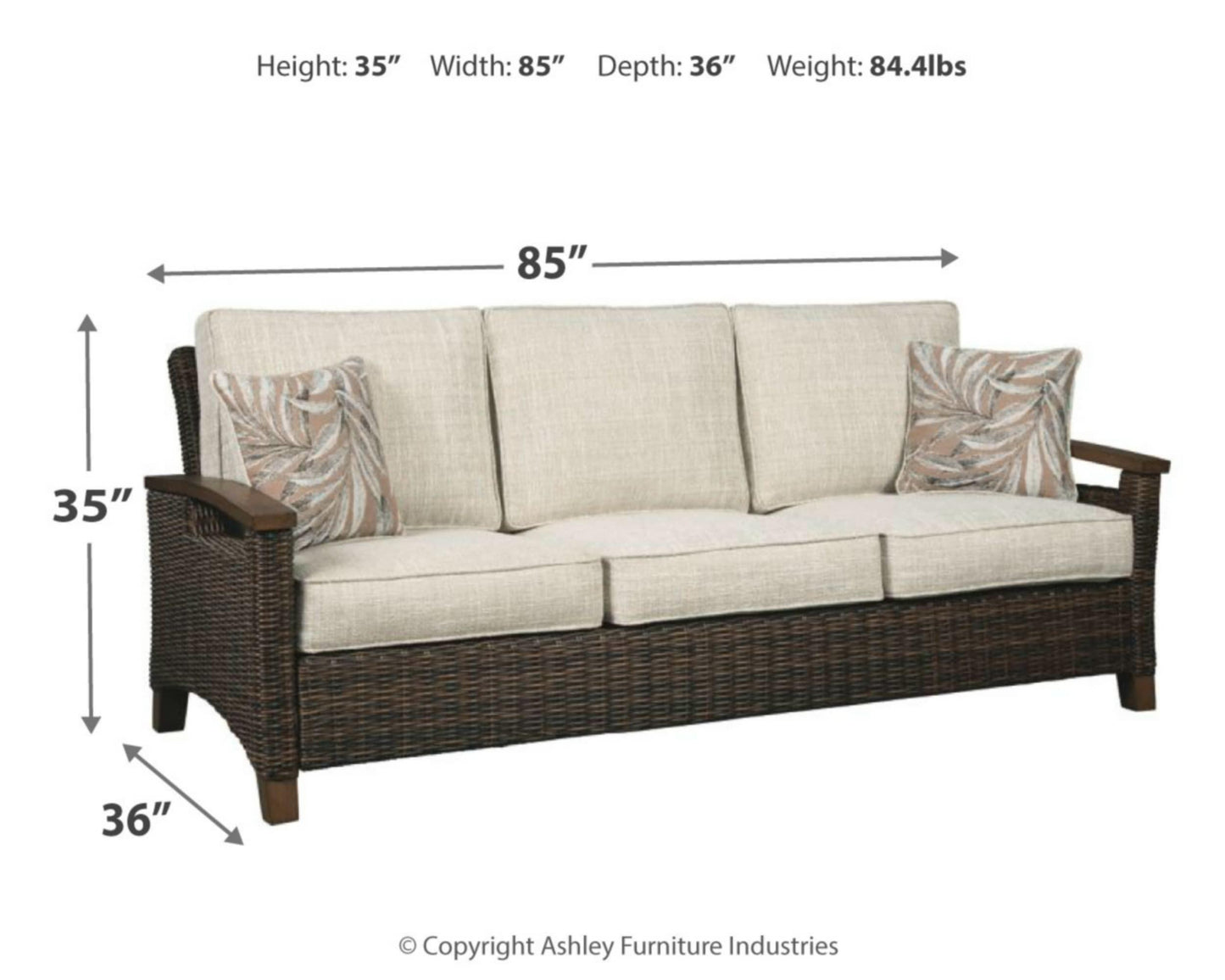 Signature Design by Ashley Paradise Trail Outdoor Patio Sofa with Cushion and 2 Pillows, Brown & Beige - CookCave