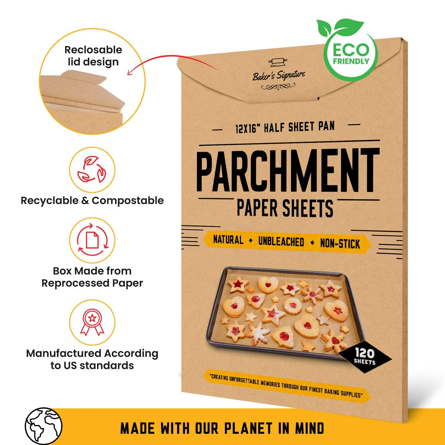 Parchment Paper Baking Sheets by Baker's Signature | Precut Non-Stick & Unbleached - Will Not Curl or Burn - Non-Toxic & Comes in Convenient Packaging - 12x16 Inch Pack of 120 - CookCave
