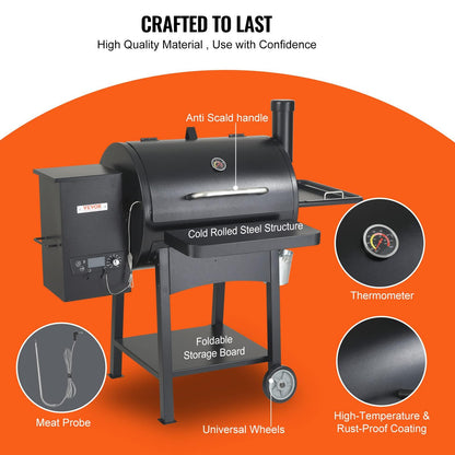 VEVOR Smoker Pellet Grill,Portable Wood Pellet Grill with Cart for Outdoor Cooking, Barbecue Camping,Picnic,Patio and Backyard,580 sq,Black - CookCave