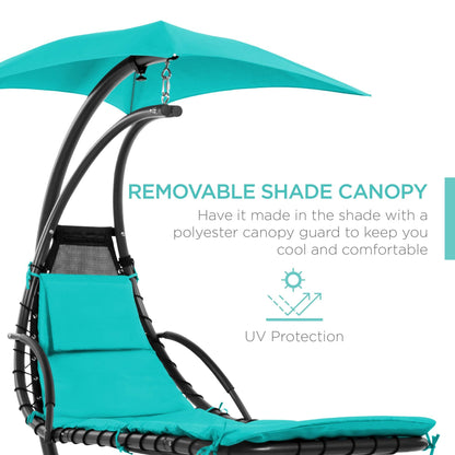 Best Choice Products Outdoor Hanging Curved Steel Chaise Lounge Chair Swing w/Built-in Pillow and Removable Canopy - Teal - CookCave