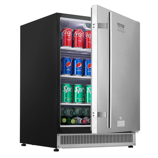 VEVOR Outdoor Refrigerator, 24-inch Undercounter Fridge, 185QT/175 Cans Built-in Beverage Cooler with 304 Stainless Steel Reversible Door, for Home Kitchen Commercial Use, Black - CookCave