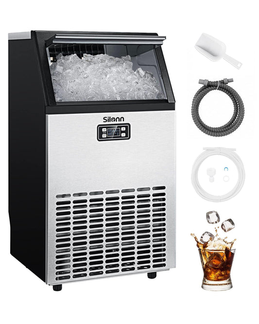 Silonn Commercial Ice Machines, Creates 100lbs in 24H, 33lbs Ice Storage Capacity, Stainless Steel Freestanding Ice Maker with Auto Self-Cleaning for Home Office Bar Parties (SLIM11) - CookCave