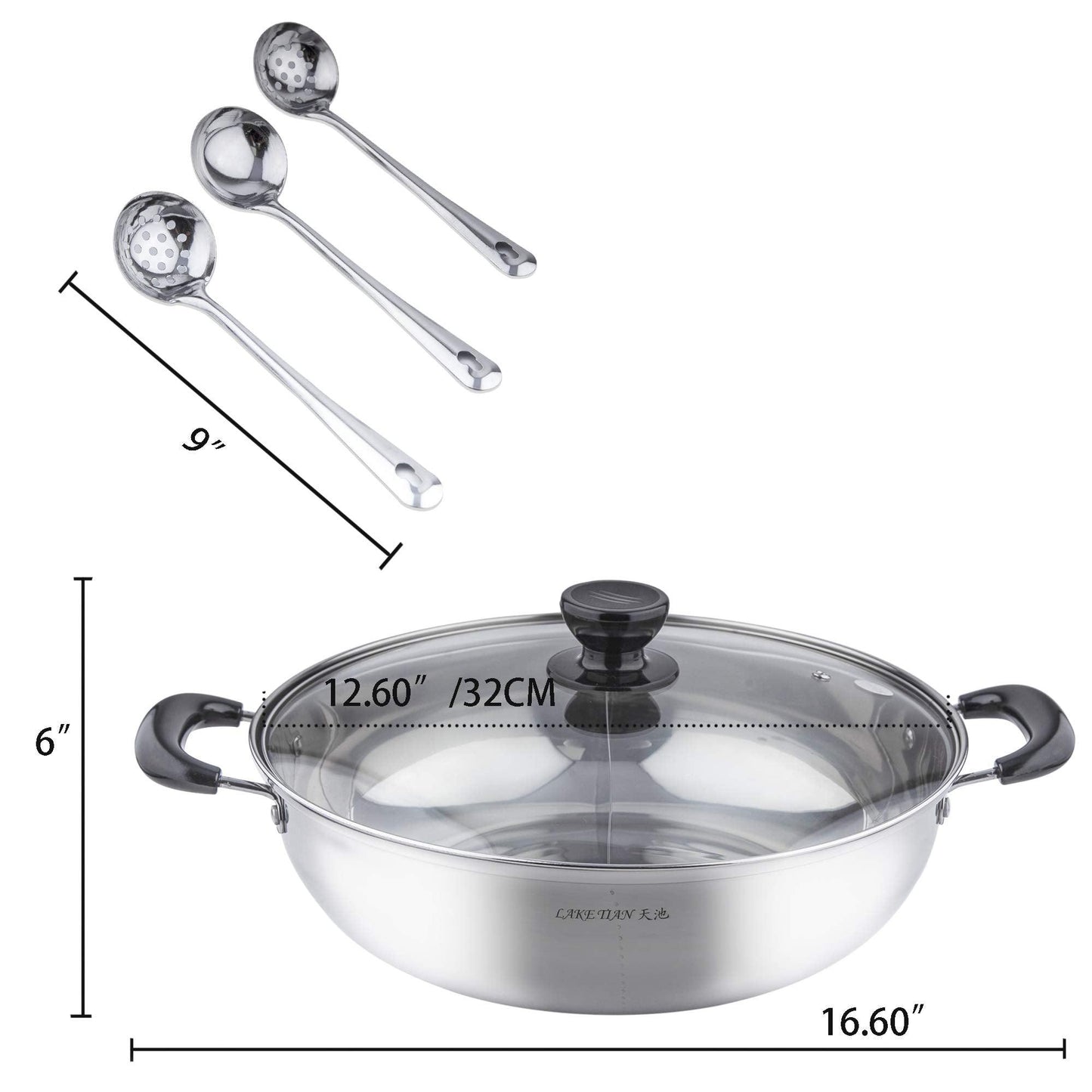 Lake Tian Stainless Steel Shabu Shabu Chinese Hot Pot With Lid, Dual Sided Yin Yang Hot Pot Pot with Divider Set Include 3 Pot Spoons, Divided Hotpot Pot, Portable, 鸳鸯火锅 (32cm/12.6″) - CookCave