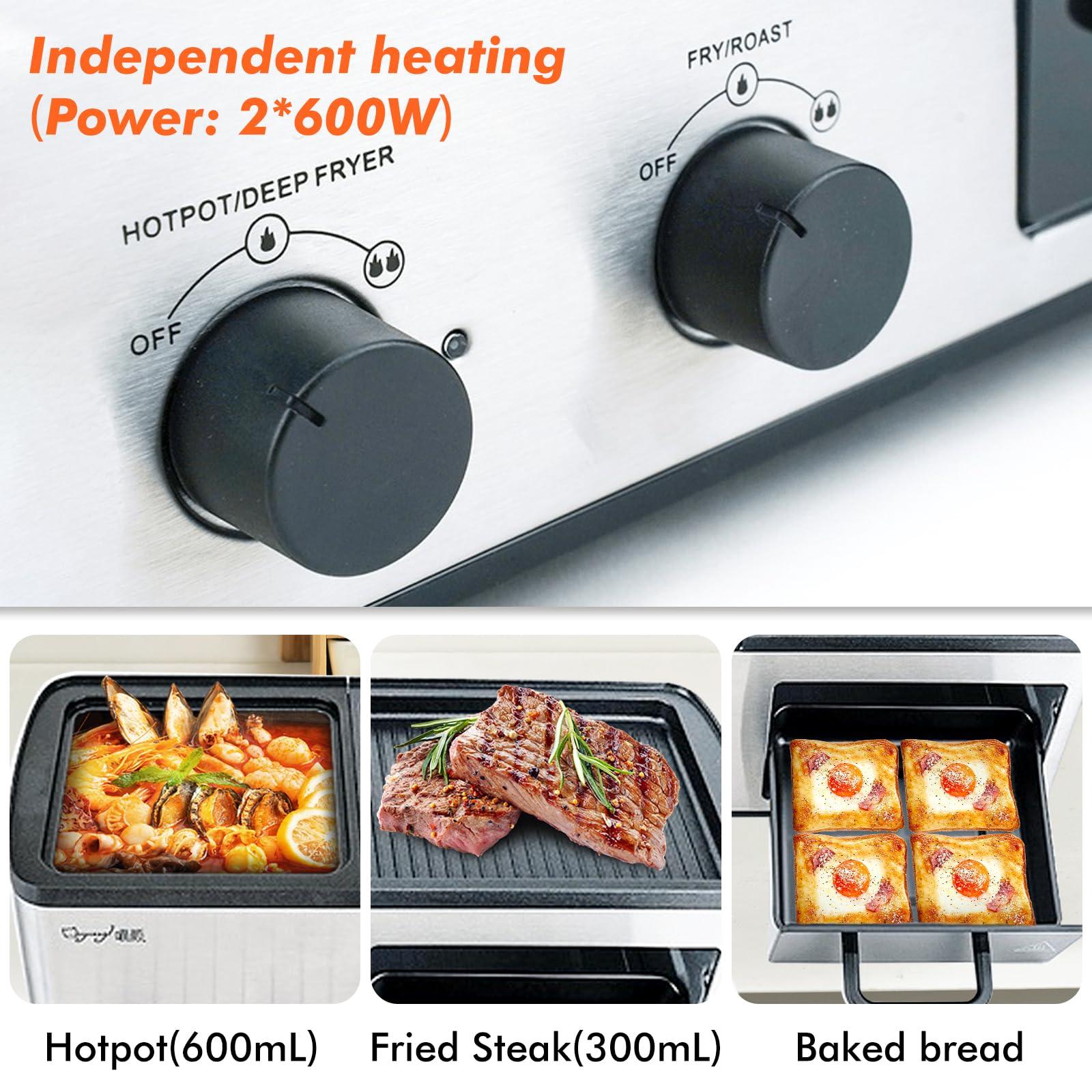 Newest 4 in 1 Hot Pot Electric with Grill and Frying Basket, Independent Dual Temperature Control, Fast Heating for Korean BBQ, Simmer, Boil, Fry, Roast, Silver - CookCave