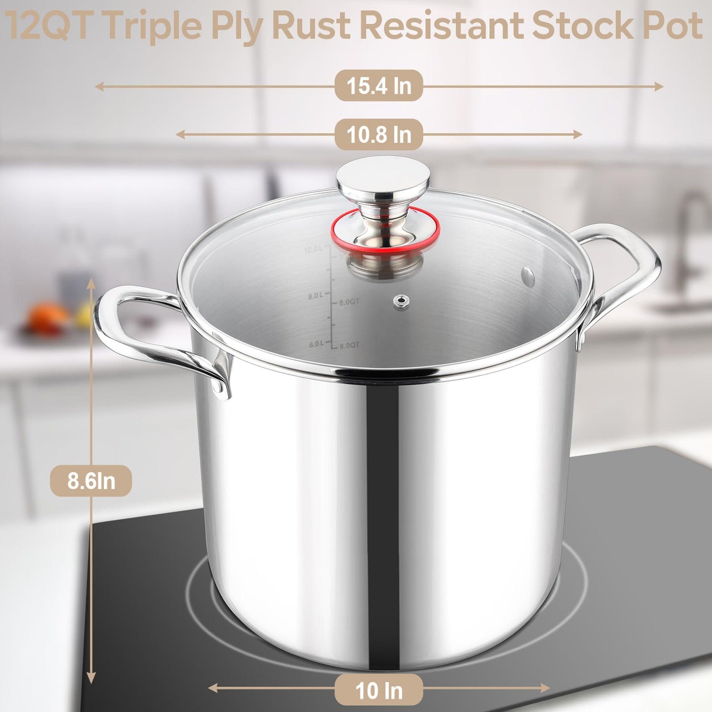 LIANYU 12 Quart Stock Pot with Lid, 18/10 12 QT Stainless Steel Soup Pot, Tri-Ply Heavy Duty large Canning Pasta Pot, Big Deep Pot for Cooking, Nonstick Induction Stockpot with Measuring Mark - CookCave