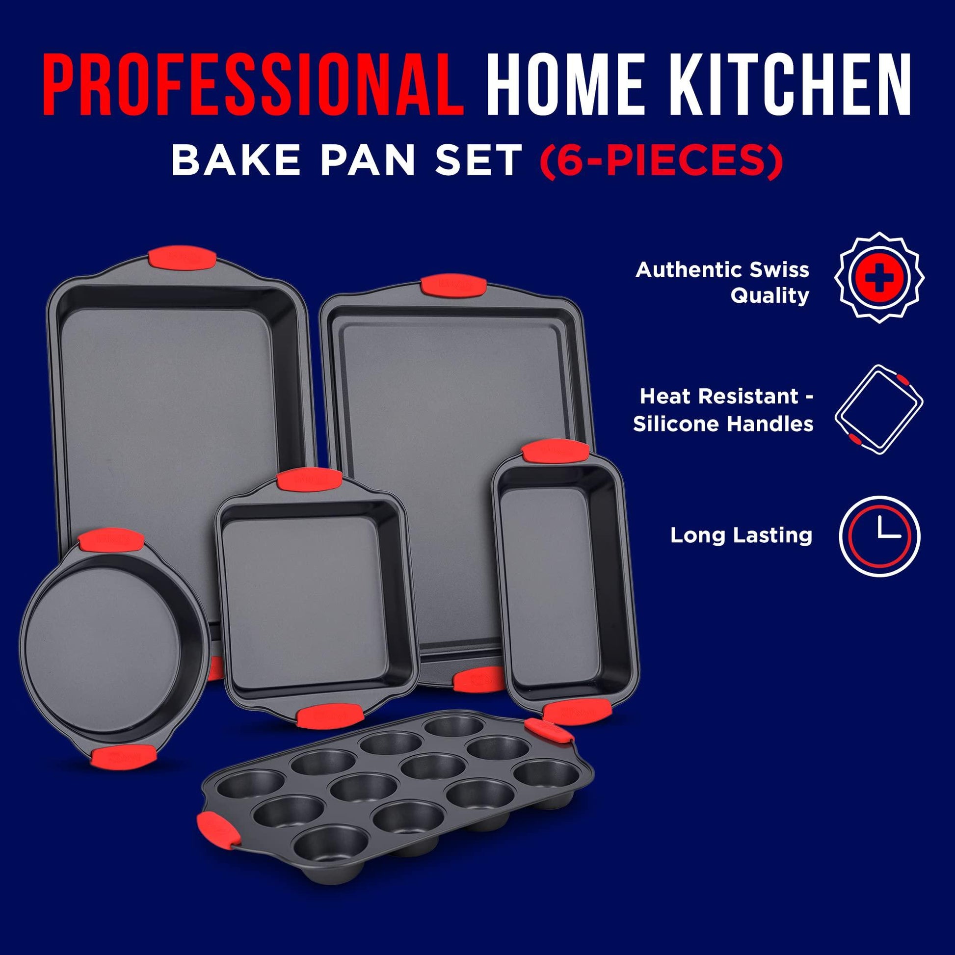 Baking Set – 6 Piece Kitchen Oven Bakeware Set – Deluxe Non-Stick Black Coating Inside and Outside – Carbon Steel – Red Silicone Handles – PFOA PFOS and PTFE Free by Bakken - CookCave