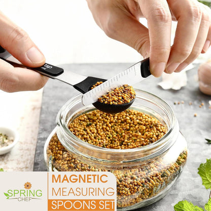 Spring Chef Magnetic Measuring Spoons Set, Dual Sided and Lightweight, Stainless Steel Metal & BPA Free Plastic, Fits in Most Kitchen Spice Jars for Baking & Cooking, Black, Set of 8 with Leveler - CookCave