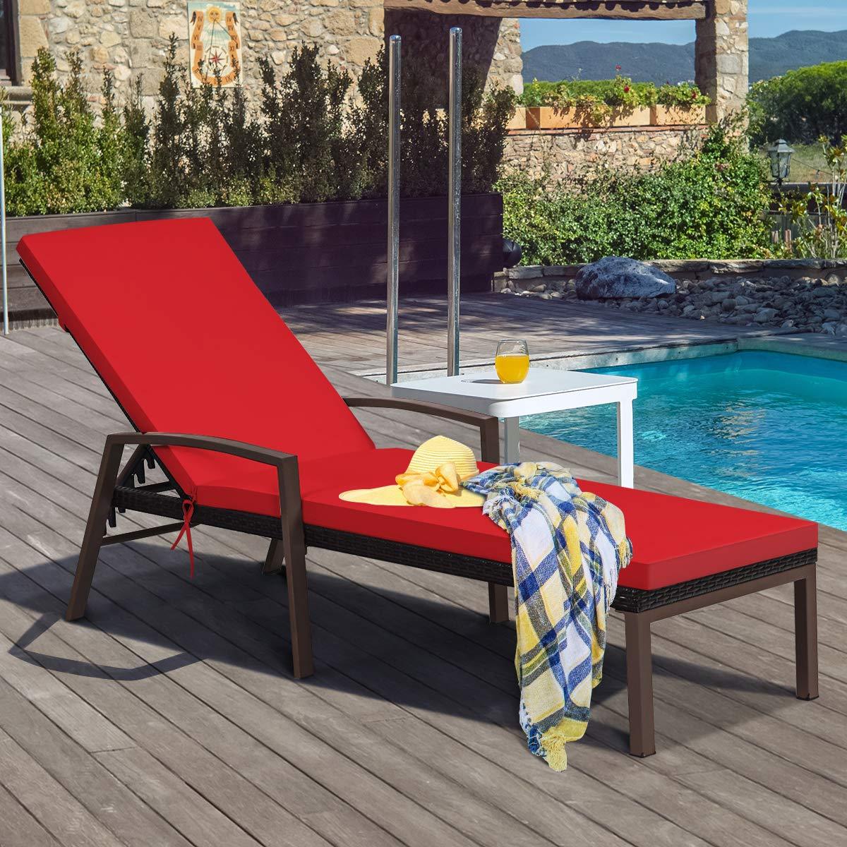 Tangkula Patio Rattan Lounge Chair, Outdoor Reclining Chaise with Cushion and Armrest, Wicker Sun Lounger with Adjustable Backrest for Garden, Balcony, Poolside (1, Red) - CookCave