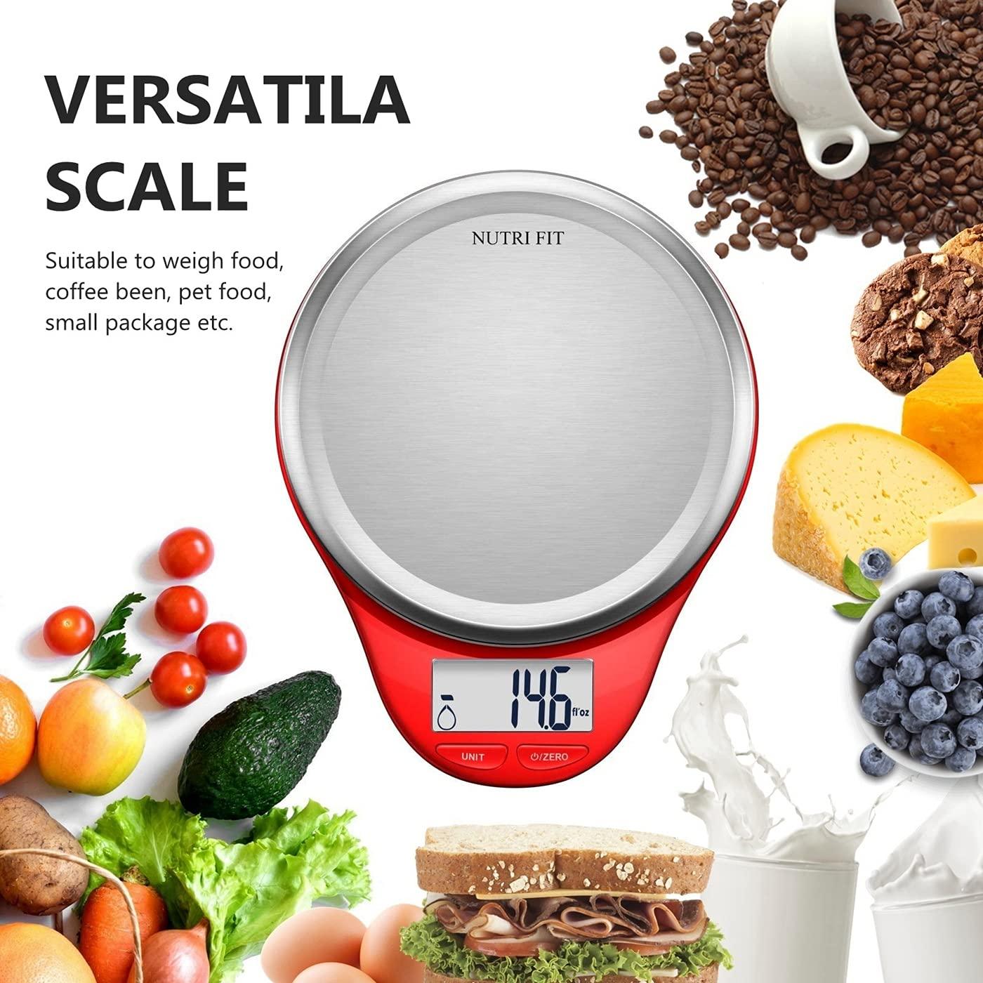 NUTRI FIT Digital Kitchen Scale with Wide Stainless Steel Plateform High Accuracy Multifunction Food Scale with LCD Display for Baking Kitchen Cooking,Tare & Auto Off Function (Red) - CookCave