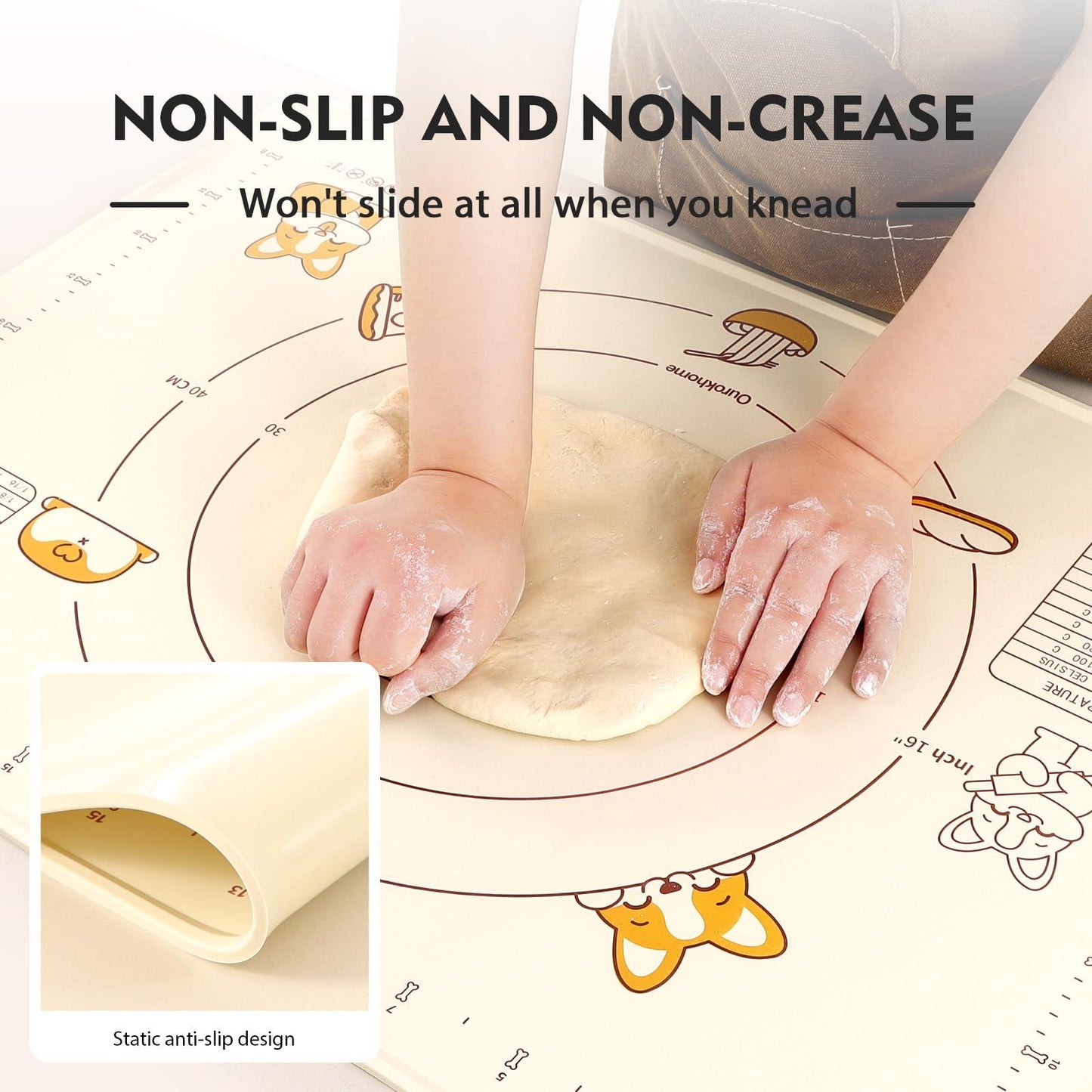 Silicone Pastry Baking Mat and Dough Cutter, Ourokhome 32" X 24" Extra Large and Thick Kneading Mat with Band, BPA Free Kitchen Rolling Pasta Board with Measurement and Conversion Chart (Beige) - CookCave