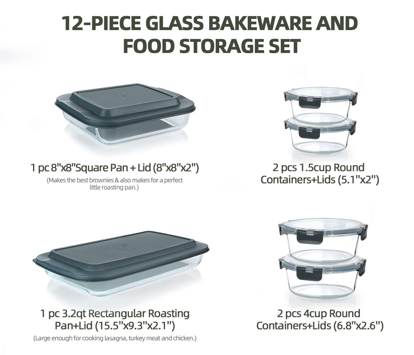 KOMUEE Rectangular Glass Baking Dish with Lids Set & Round Glass Food Storage Containers With Lids Set,Glass Bakeware Set with Lids for Lasagna, Leftovers, Cooking, Kitchen, Fridge-to-Oven,Gray - CookCave