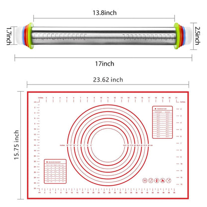 Stainless Steel Rolling Pin and Silicone Mat Set, Adjustable Thickness Rings - For Baking Dough, Pizza, Pies, Pastries, Pasta, Cookies - CookCave