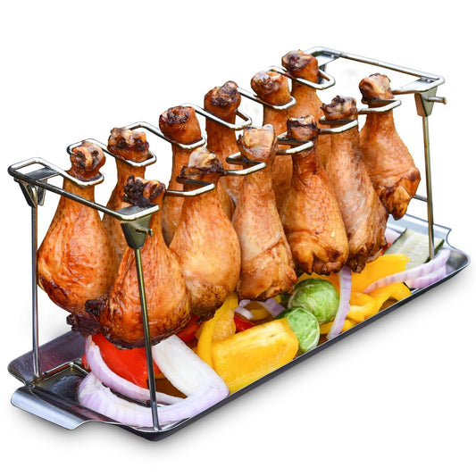 Chicken Leg Rack for Grill with Drip Tray - Easy to Use 12 Slots Chicken Wing Rack - Premium Stainless Steel Chicken Drumstick Rack for Smoker - Chicken Drumstick Holder for Grill Accessories - CookCave