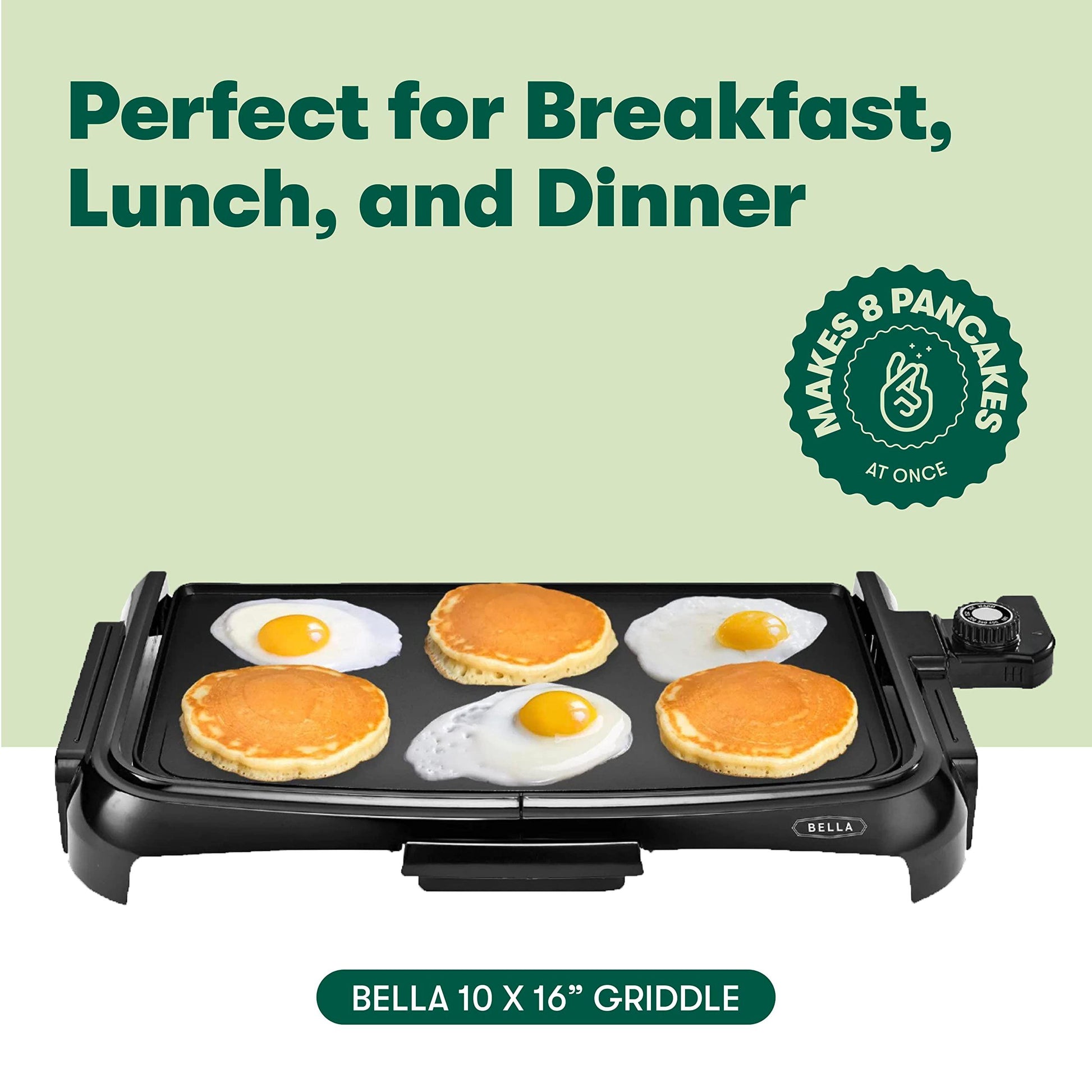 BELLA Electric Griddle with Crumb Tray - Smokeless Indoor Grill, Nonstick Surface, Adjustable Temperature Control Dial & Cool-touch Handles, 10" x 16", Black - CookCave