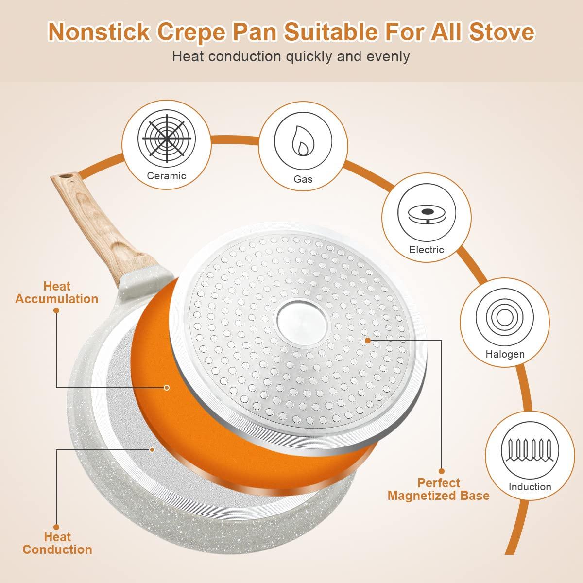 Bobikuke Nonstick Crepe Pan with Spreader, 8 Inch Flat Pan for Roti Indian Griddle Pan Dosa Pan, Tawa Dosa Tortilla Pan Induction Compatible - White - CookCave