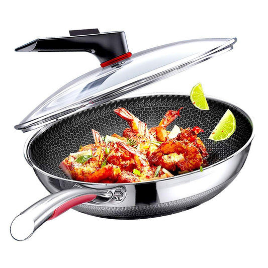 MEGOO 12.6 inch stainless steel nonstick wok pan with lid,stir fry honeycomb wok,cooking wok skillet,for gas cooktops,Induction,electric stove,dishwasher safe(PFA,PFOA Free) - CookCave