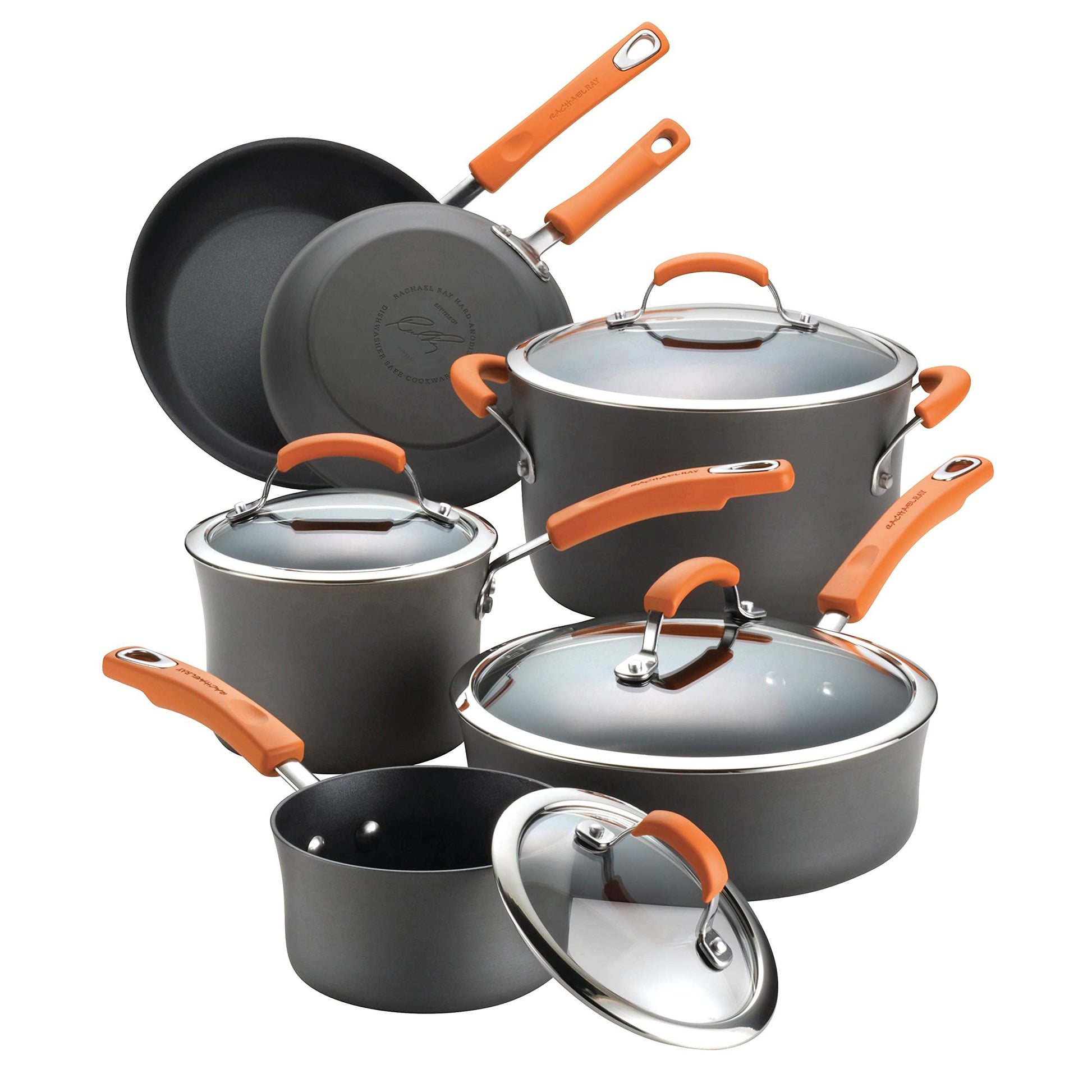 Rachael Ray Brights Hard-Anodized Aluminum Nonstick Cookware Set with Glass Lids, 10-Piece Pot and Pan Set, Gray with Orange Handles - CookCave