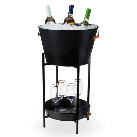 Twine Black Beverage Tub with Stand, Galvanized Metal Bucket and Tray, Acacia Wood Handles, Set of 3 - CookCave