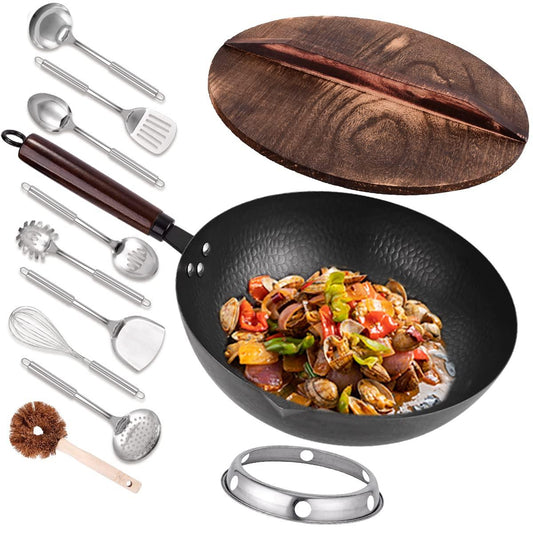 Leidawn 12.8" Carbon Steel Wok - 11Pcs Woks & Stir Fry Pans Wok Pan with Lid, No Chemical Coated Chinese Wok with 10 Cookware Accessories, Flat Bottom Wok for Electric, Induction,Gas Stoves - CookCave