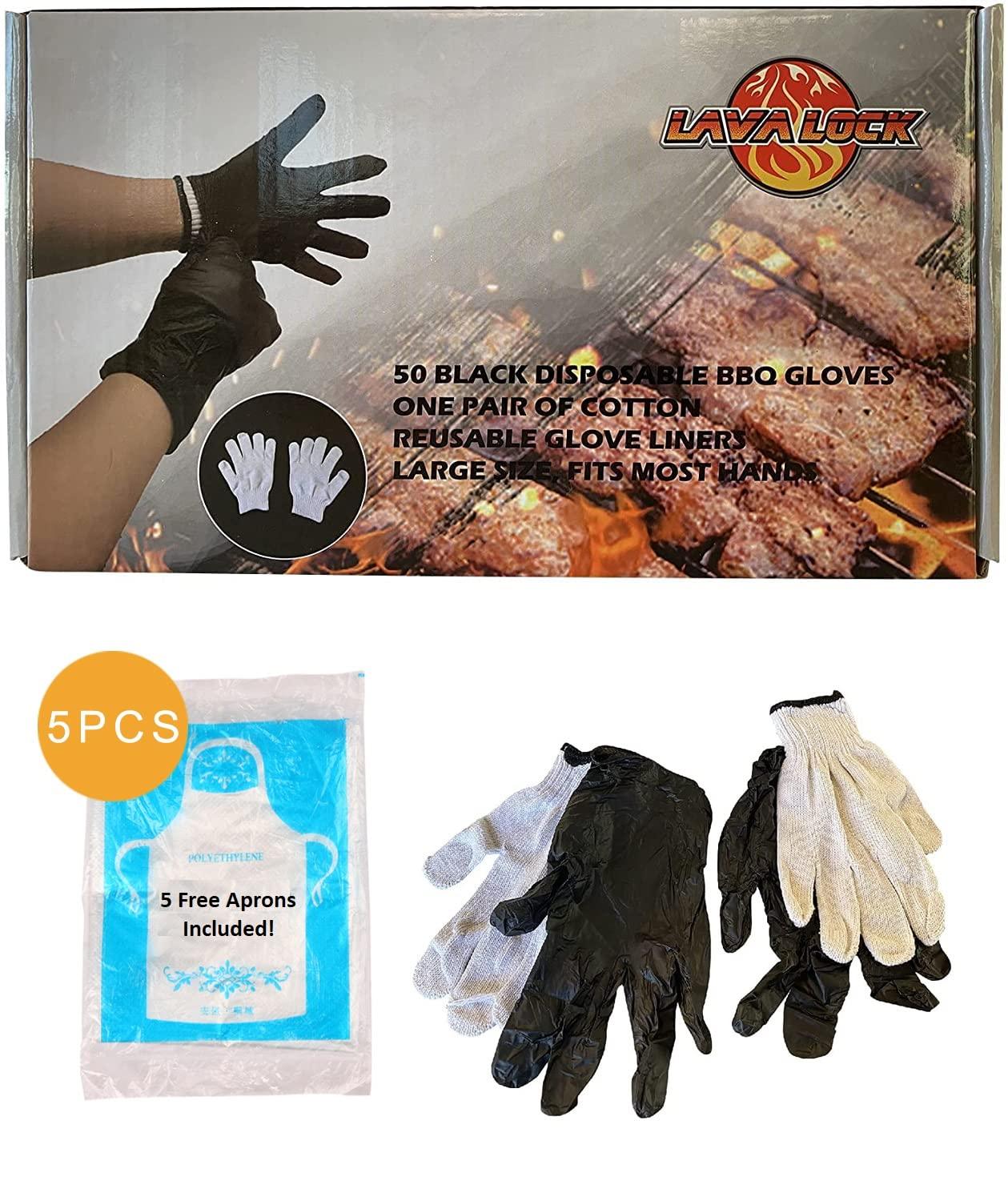 LavaLock Disposable Nitrile BBQ Gloves with Cotton Liners for Outdoor Cooking Grilling Smokers and Barbecue Competition, Chef or Kitchen use (Large 50 Count Black) - CookCave