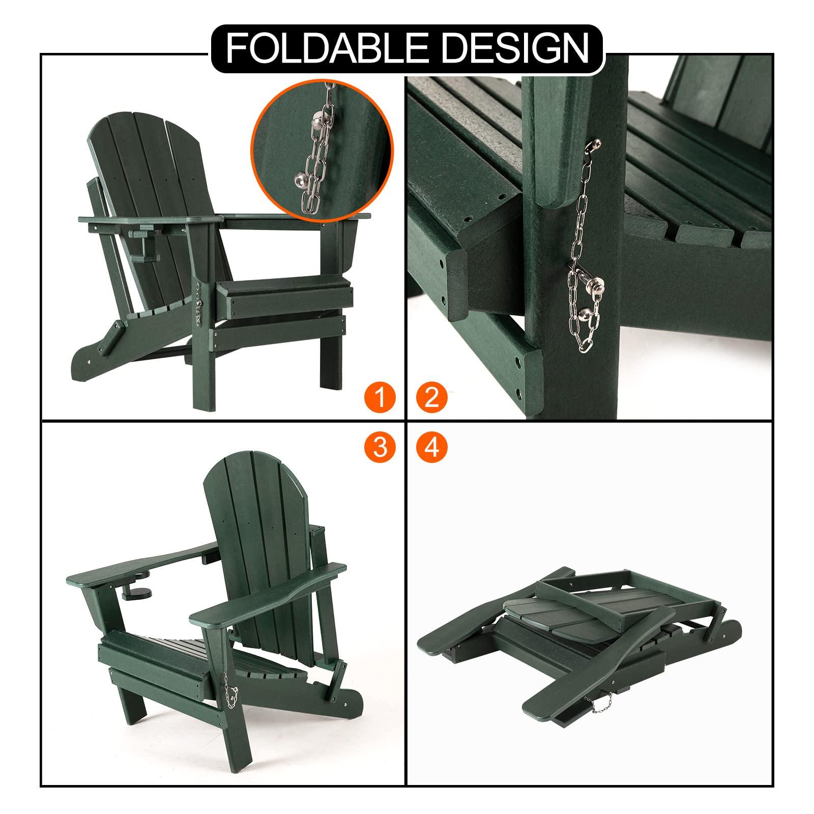 nalone Folding Adirondack Chairs Set of 2 with Cushion with Cup Holder, HDPE Plastic Oversized Patio Chair Weather Resistant, Used in Outdoor, Fire Pit, Deck, Garden, Campfire Chairs (Green) - CookCave