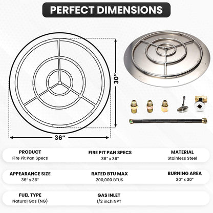 Dreffco Fire Pit Burner Pan & Ring - Works with Natural Gas - Stainless Steel Fire Pit Burner Kit 36-Inch Pan, 30-Inch Ring - 200,000 BTU Max - CookCave