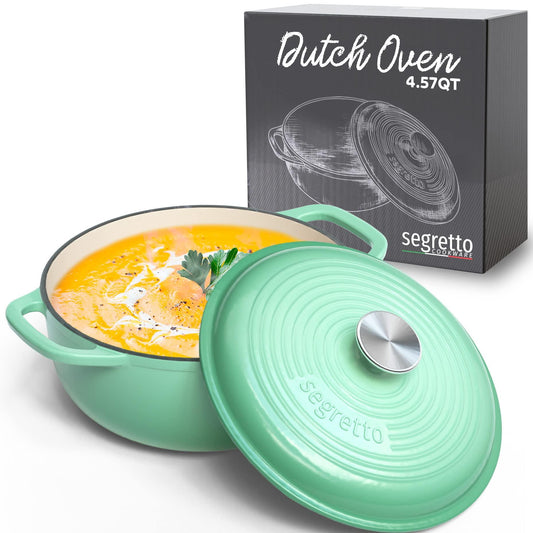 Segretto Cookware Enameled Cast Iron Dutch Oven with Handle, 4.57 Quarts, Verde Chiaro (Gradient Green) Oven Safe Dutch Oven Pot With Lid Ceramic Enamel Dutch Oven Cast Iron Pot Cookware | Bread Oven - CookCave