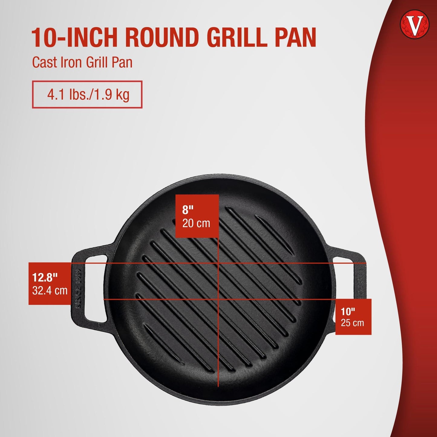 Victoria Cast Iron Round Grill Pan with Double Loop Handles, Made in Colombia, 10 Inches - CookCave