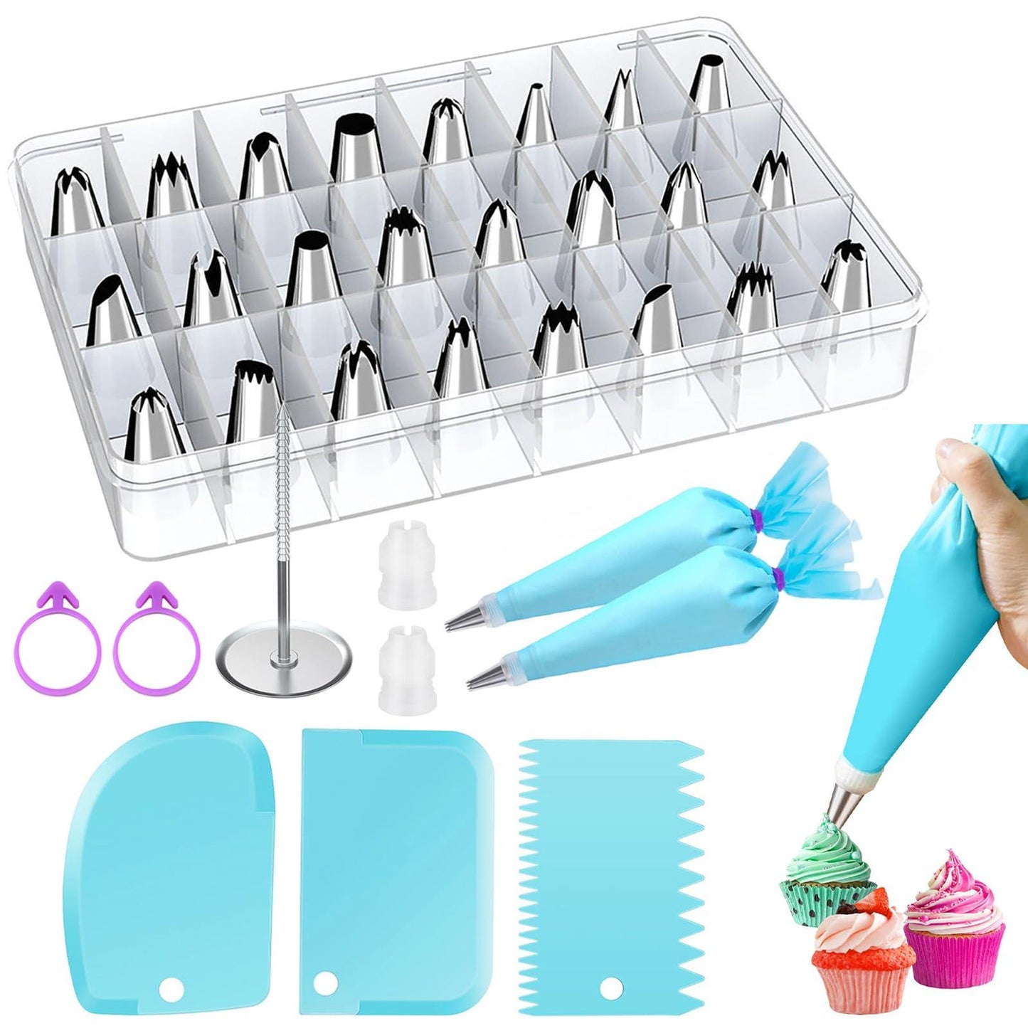 Suuker Piping Bags and Tips Set, Reusable Icing Bags and Tips with 24 Piping Tips, 2 Reusable Pastry Bags, 2 Couplers, 3 Cake Scraper, Cake Decorating Kit for Frosting Cookie, Cupcake(34 Pcs) - CookCave
