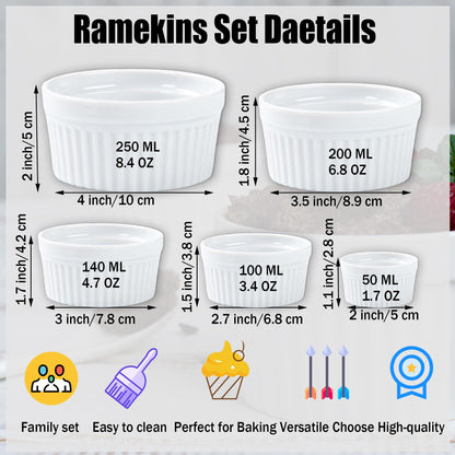 5pcs Creme Brulee Ramekins Set - Various Sizes Ramiken for Baking and Cooking Oven Safe Baking Bowls, 1.7oz + 3.3oz + 4.7oz + 6.7oz + 8.3oz - CookCave