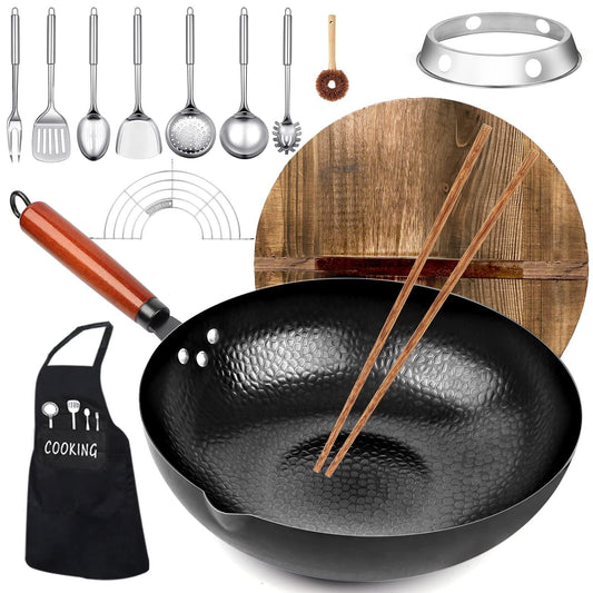 kaqinu Carbon Steel Wok Pan, 14 Piece Woks & Stir-Fry Pans Set with Wooden Lid Cookwares, No Chemical Coated Flat Bottom Chinese Pan for Induction, Electric, Gas, Halogen All Stoves - 12.6'' - CookCave