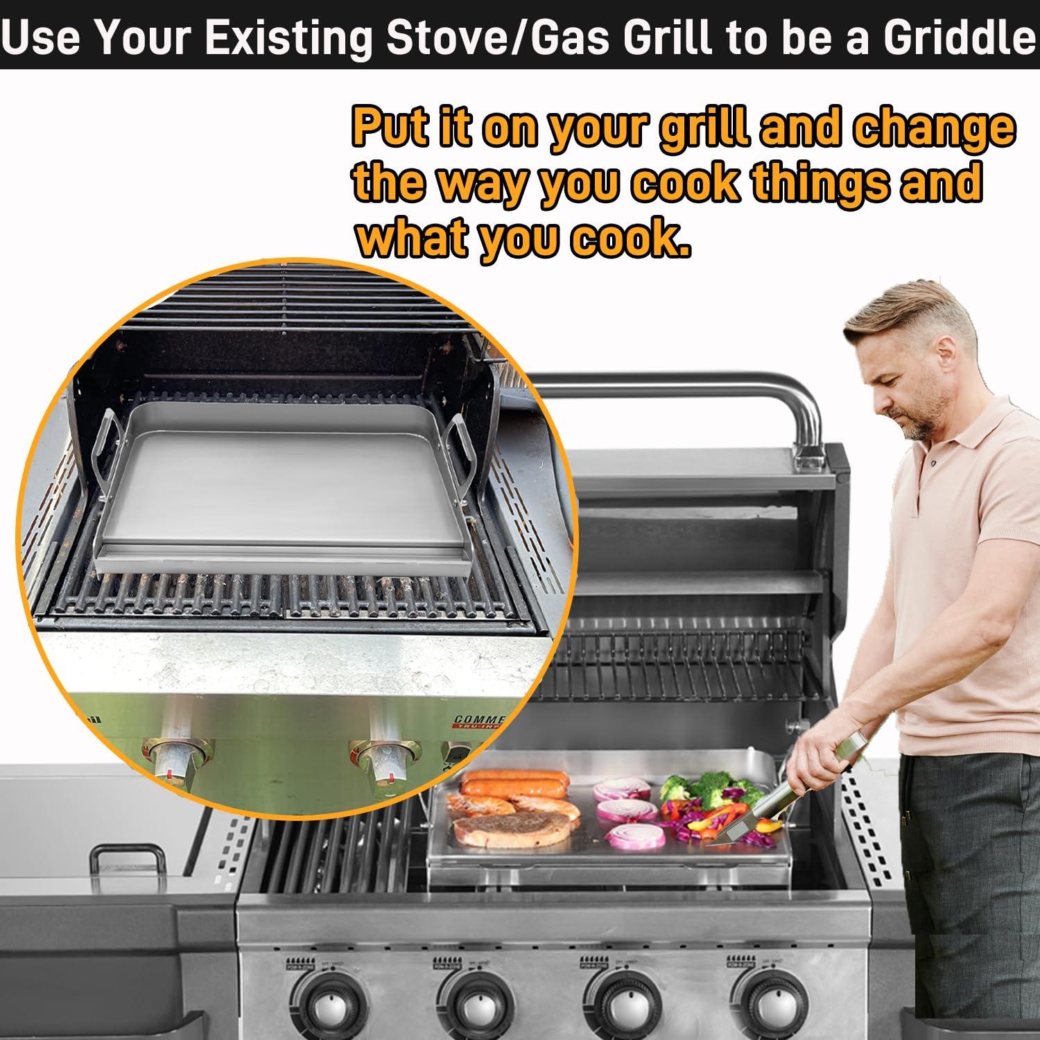 Griddle for Gas Grill, Flat Top Grill with Removable Grease Tray, 24" X 16" Stainless Steel Griddle, Stove Top Griddle for Gas/Charcoal Grill, Prefect for Camping Tailgating Parties - CookCave