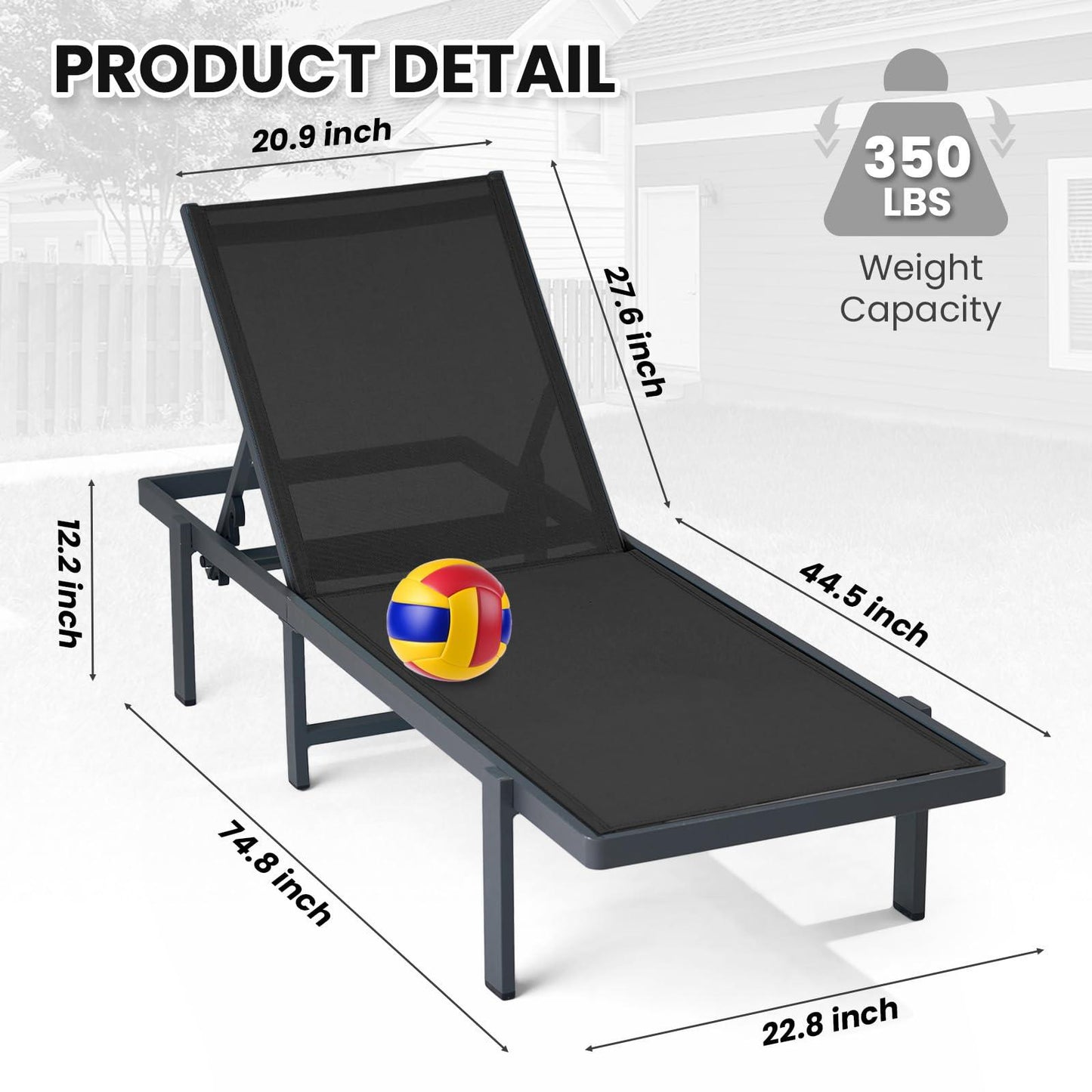 Aluminum Chaise Lounge Chair Outdoor, Adjustable Five-Position Recliner and Full Flat Tanning Chair for Patio, Beach, Yard, Pool, Black - CookCave