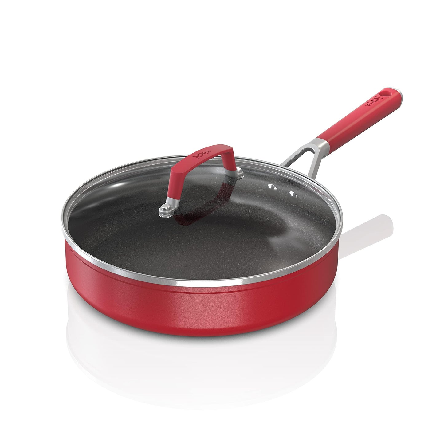 Ninja C20130 Foodi NeverStick Vivid 3-Quart Sauté Pan with Glass Lid, Nonstick, Durable & Oven Safe To 400°F, Cool-Touch Handles, Crimson Red - CookCave