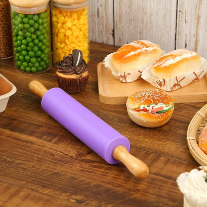 Koogel 12 Inch Silicone Purple Rolling Pin Handle Rolling Pin Non-Stick Silicone Rolling for Kids Kitchen Activity - CookCave