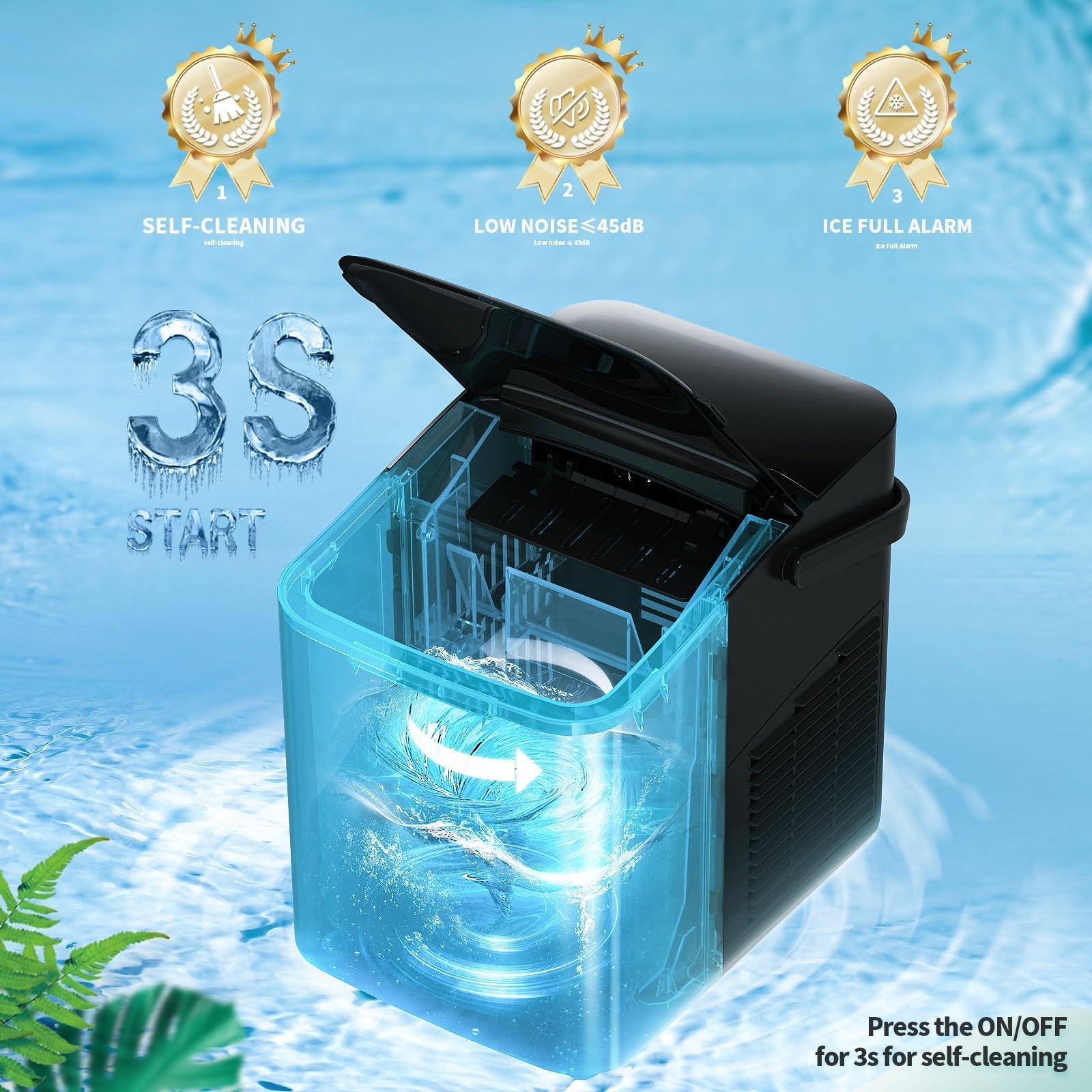 ZAFRO Ice Maker Countertop Ice Machine, 2 Sizes S/L 8 Bullet Ice Ready in 9 Mins, 26.5lbs/24H, Portable Small Ice Maker with Self-Cleaning,Scoop,Basket and Handle,Black for Home/RV/Office/Bar - CookCave