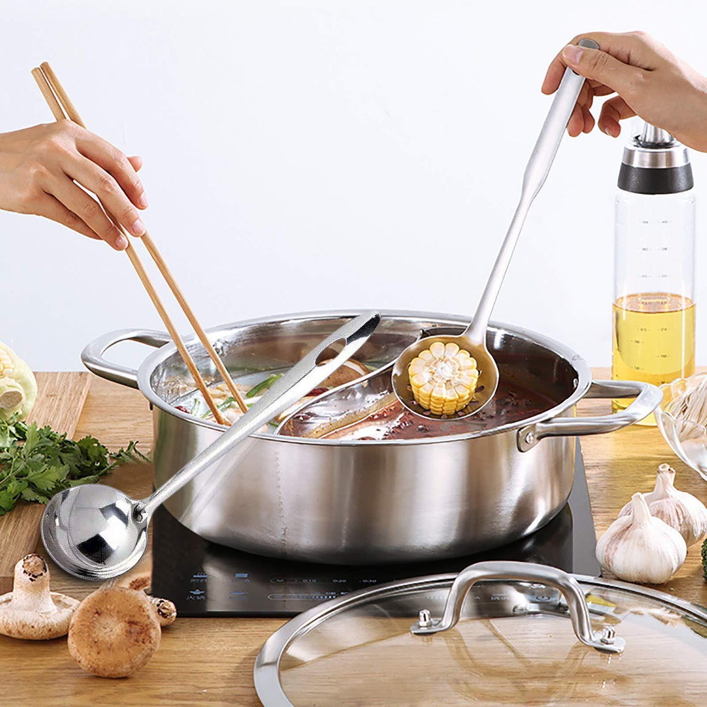 Double-flavor Shabu Shabu Pot with Divider and Lid, Dual Sided Nonstick Hot Pot, 32cm/12.6in Stainless Steel Shabu Shabu Pot, for Induction Cooktop, Gas Stove & Hot Burner, Soup Ladle Included - CookCave