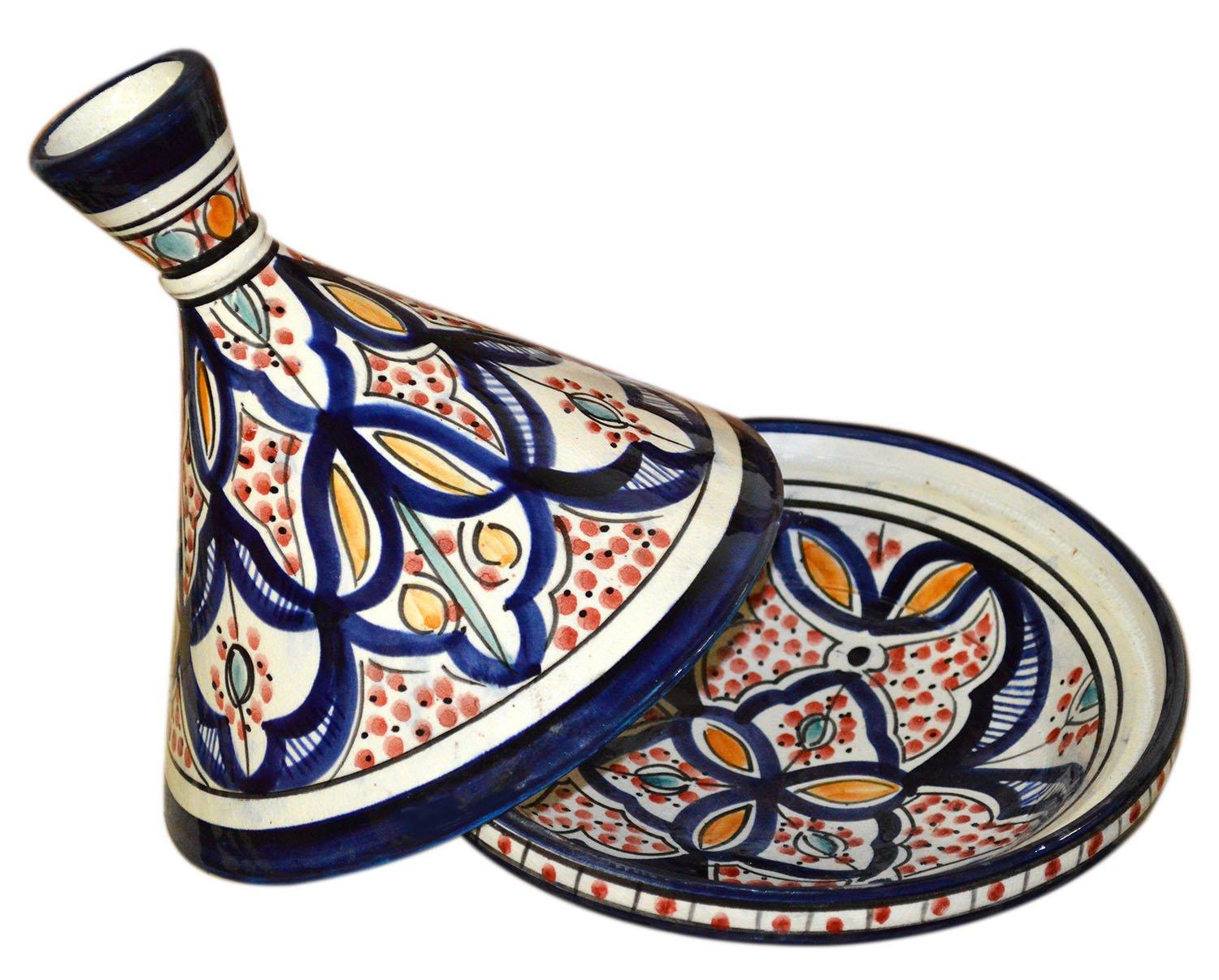 Moroccan Handmade Serving Tagine Ceramic With Vivid colors Original 8 inches Across White & Blue - CookCave