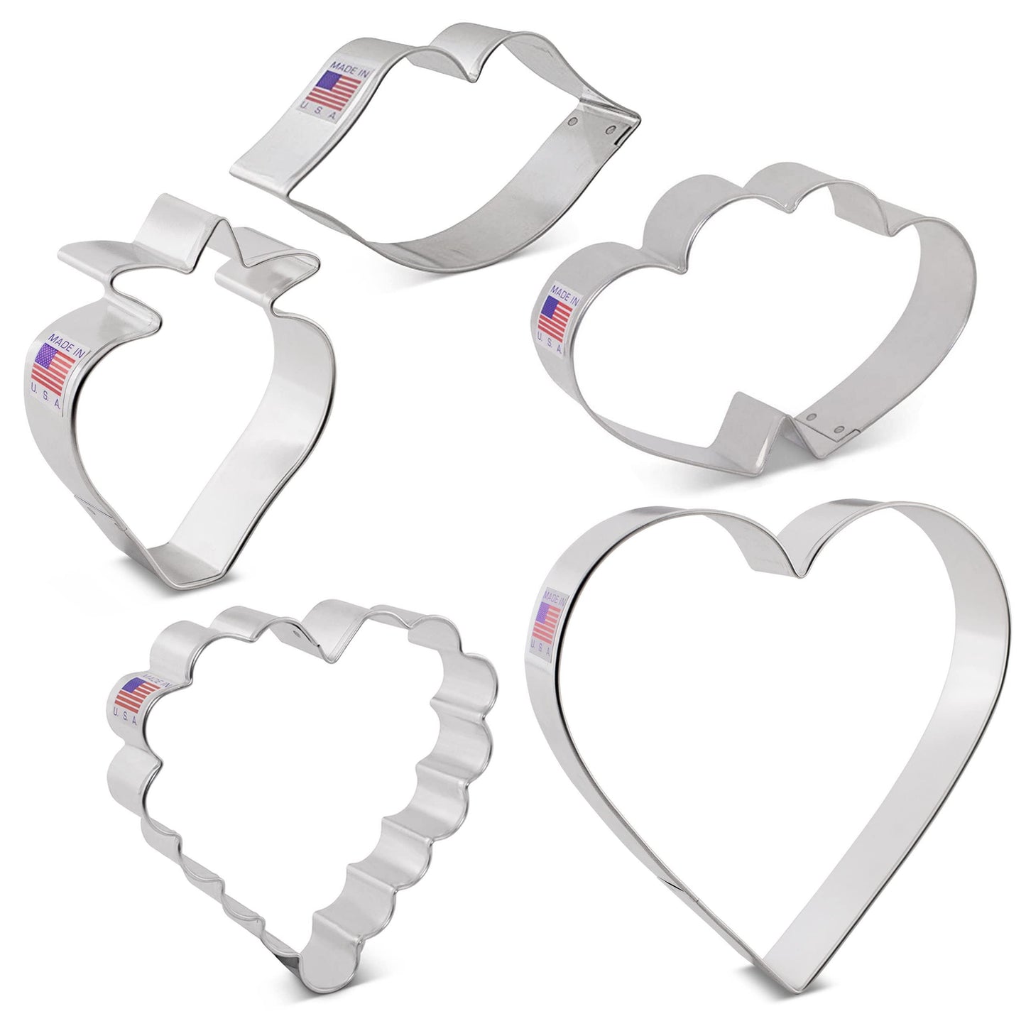 Valentines Day Cookie Cutters 5-Pc. Set Made in USA by Ann Clark, Heart, Strawberry, Scalloped Heart, Lips, Double Heart - CookCave