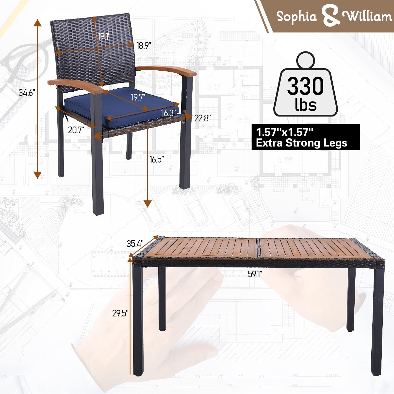 Sophia & William Outdoor Patio Dining Set Furniture 7 Pieces with 6 Stackable Cushioned Rattan Wicker Chairs and Rectangular Acacia Wood Table for Backyard Deck Garden Lawn Porch Poolside - CookCave