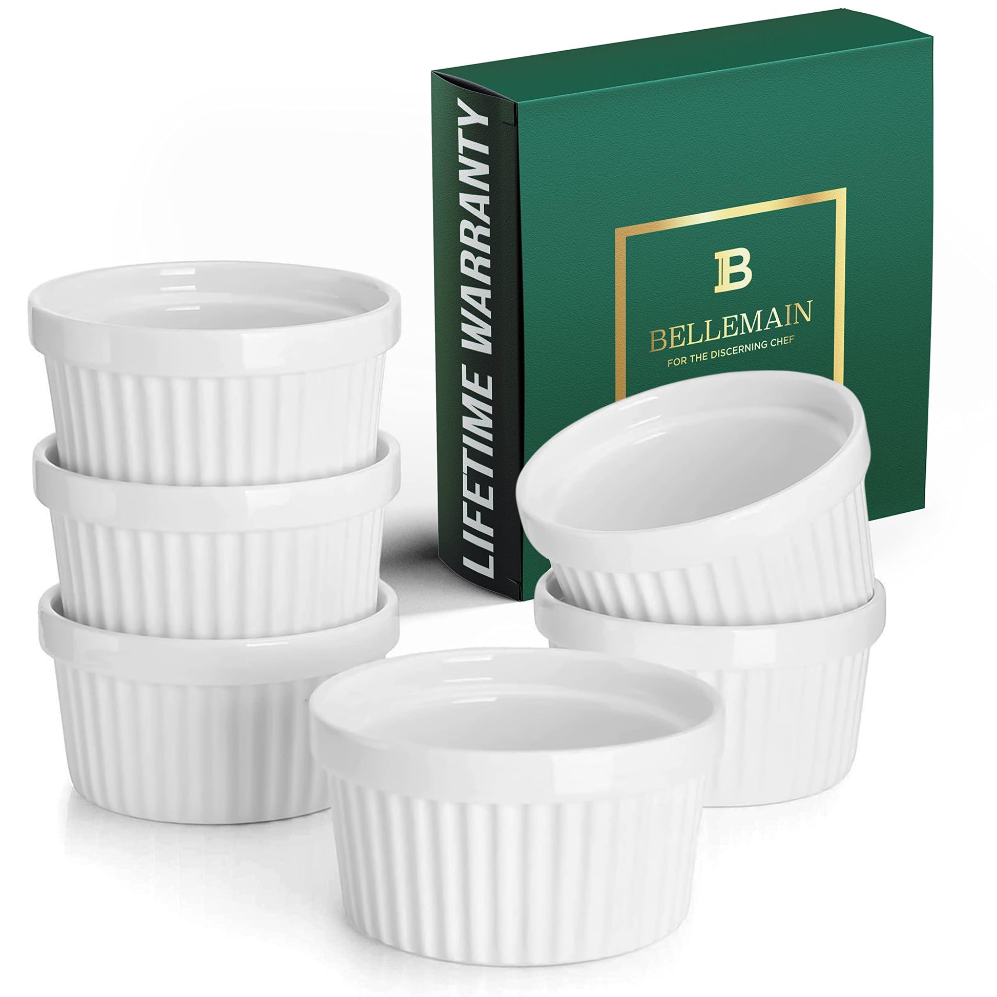 Bellemain Creme Brulee 4 oz Ramekins | Mini Casserole Dish Set, Charcuterie Bowls, Pot Pie Baking Dishes, Souffle Cups, Soy Sauce Bowls | Fluted Porcelain Bowls, Oven Safe to 500F, Set of 6 (White) - CookCave