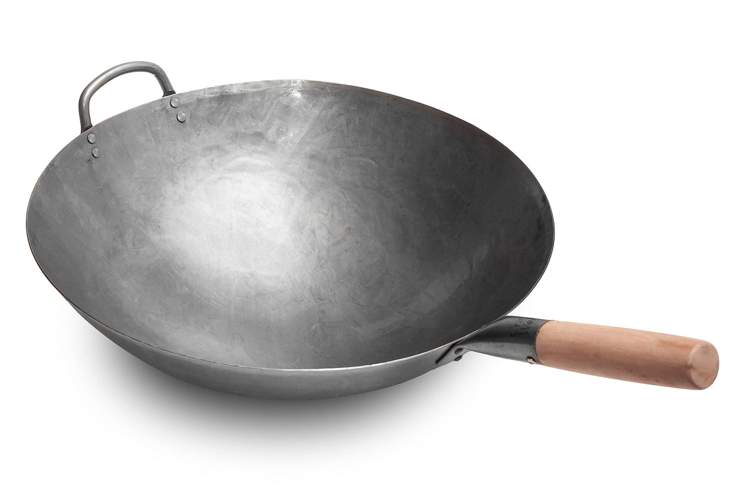 Craft Wok Big 16 Inch Heavy Hand Hammered Carbon Steel Pow Wok with Wooden and Steel Helper Handle (Round Bottom) / 731W138 - CookCave