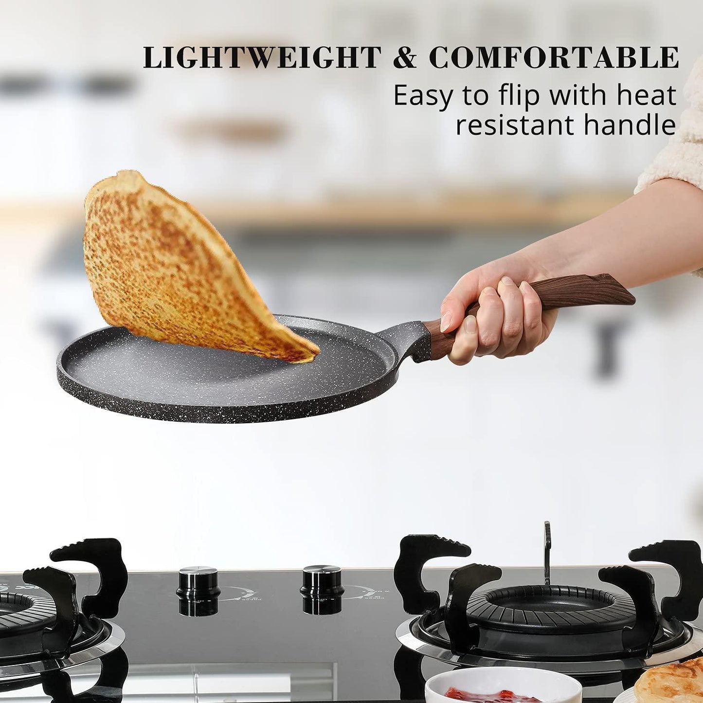 SENSARTE Nonstick Crepe Pan, Swiss Granite Coating Dosa Pan Pancake Flat Skillet Tawa Griddle 12-Inch with Stay-Cool Handle, Induction Compatible, PFOA Free - CookCave