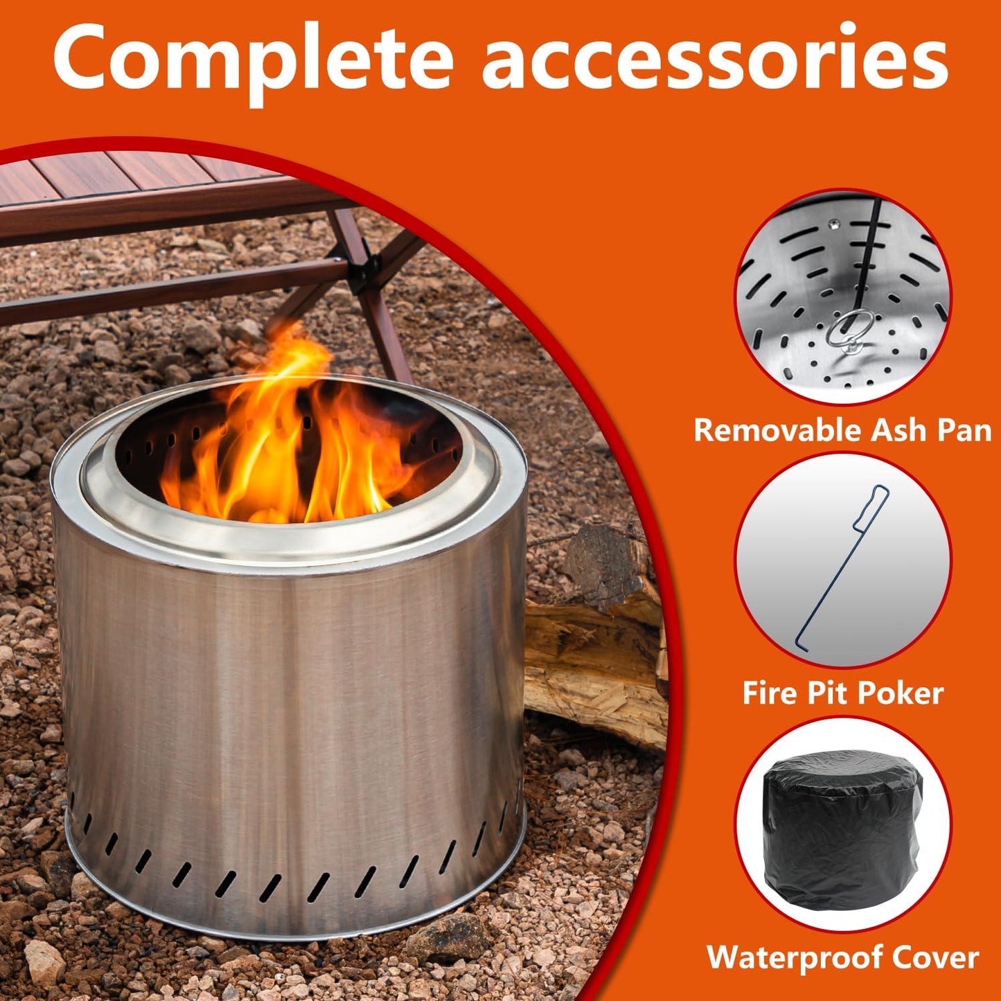 OutVue 15 inch Stainless Steel Smokeless Fire Pit with Removable Ash Pan, Outdoor Portable Wood Burning Fire Pits for Camping, Bonfire, Low Smoke Firepit for Outside with Poker&Cover (Small) - CookCave