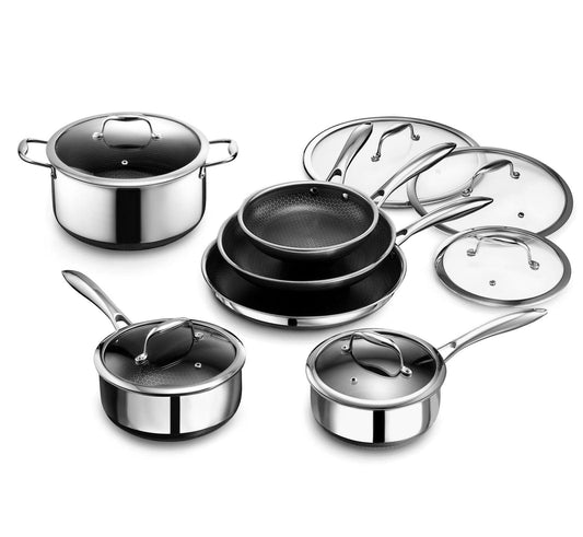 HexClad 12 Piece Hybrid Stainless Steel Cookware Set - 6 Piece Frying Pan Set and 6 Piece Pot Set with Lids, Stay Cool Handles, Dishwasher Safe, Induction Ready, Metal Utensil Safe - CookCave